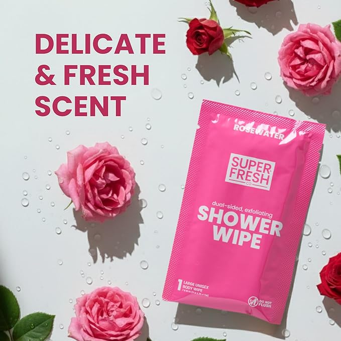 Super Fresh Shower Wipes Large Rosewater Body Wipes for No Rinse Bathing Personal Hygiene Gym Travel or Camping Enriched with Aloe and Vitamin E 10 Individually Wrapped Disposable Sheets