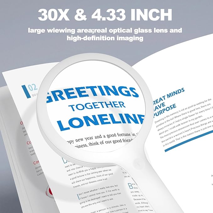 30X Charge Magnifying Glass with Light, NUEYiO 4.33Inch Large Handheld Magnifying Glass 20 Daylight LEDs, Third Gear Dimming Lighted Magnifier for Seniors Reading Inspection Coin Collection Jewelry