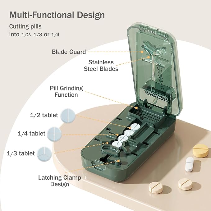 3-in-1 Adjustable Pill Cutter for Small & Large Pills, Professional Pill Splitter Cuts Tablets into 1/2, 1/3 & 1/4, Cuts Multiple Tablets,Hidden Blade，with Storage Box and Tweezers (Green)