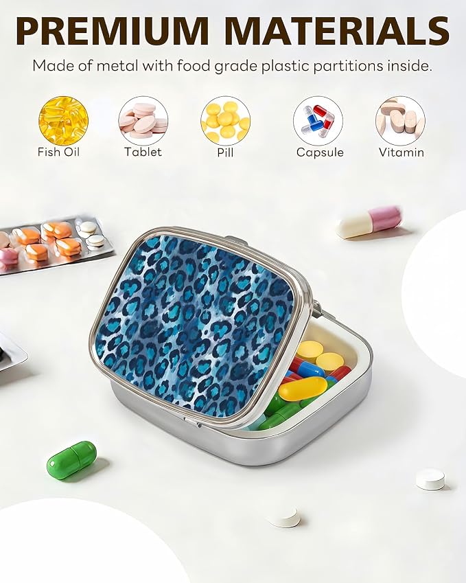 LRITER Pill Case, 2 Compartment Portable Small Travel Pill Organizer for Purse and Pocket, Stylish Medicine Case with Multiple Patterns, Daily Pillbox for Home & Travel (Blue Leopard Print)