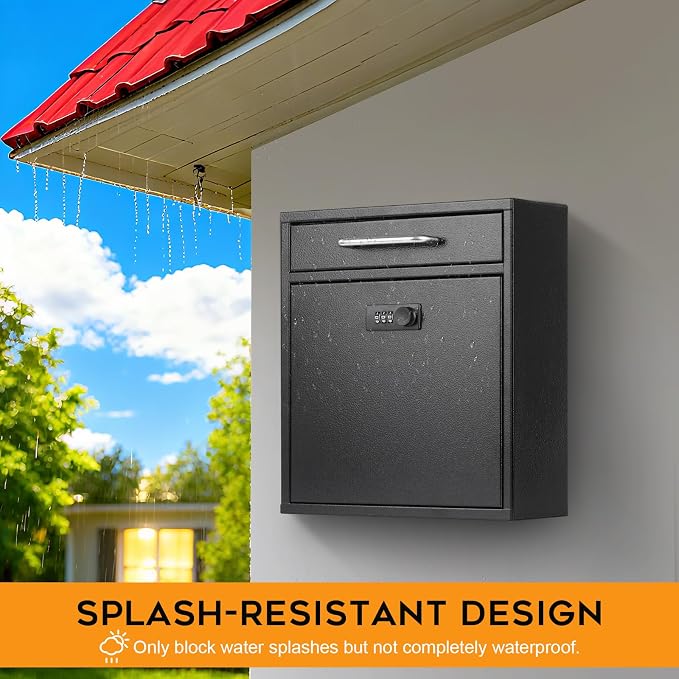 xydled Wall-Mount Mailboxes with Combination Lock, Black, Large | Steel Combination Lock Mail Boxes Outdoor, Locking Wall Mount Mailbox, Security Key Drop Box, 13.4H x 11.6L x 5.8W Inches