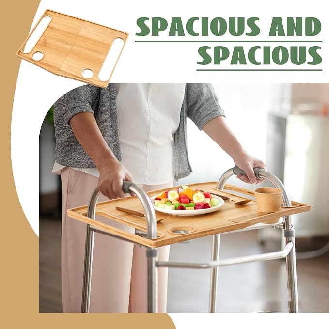 Walker Tray 21x15in Bamboo Table Cup Holder Folding | 21x15 inch bamboo walker tray, dual cup holders, strap for folding walker, raised lip anti-spill, portable