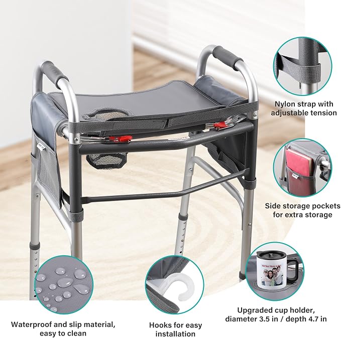Walker Tray for Folding Walker, Non Slip Mobility Table for Seniors, Fits Most Standard Folding Walkers, Multi Functional Removable Tray, Portable Multipurpose Walker Accessories