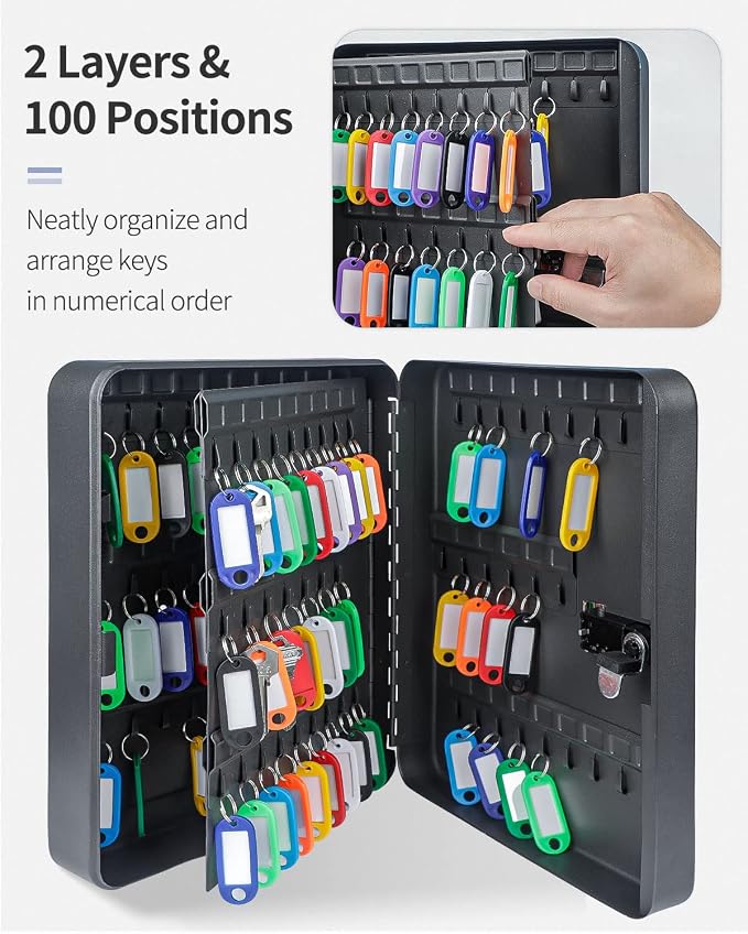 Uniclife 100 Position Key Cabinet with Combination Lock Resettable Black Digital Security Storage Box Steel Key Organizer with Colorful Key Tag Labels Stickers and Hooks