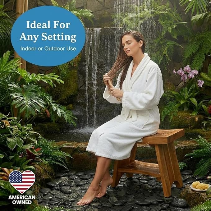 EcoDecors Teak Shower Bench 18", 300 lb Capacity – Waterproof Wood Bath Seat for Adults - Compact Spa Stool for Small Bathrooms & Walk-in Showers with Slip-Resistant Feet