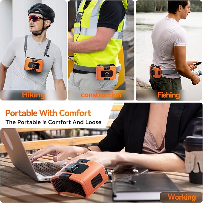Doublepow 10000mAh Portable Waist Fan, Personal Dual Waist Fan, Clip On Belt Hanging Neck, Dual Motor 20H&10 Speed 16000RPM Strong Airflow, USB Rechargeable Fans, for Outdoor Work Travel(K60-Orange)