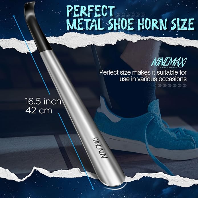 NINEMAX Shoe Horn Long Handle Metal 16.5" for Boot, Long Shoe Horns for Seniors for Men, Women