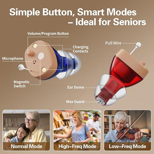 Hearing Aids for Seniors Rechargeable, Hearing Amplifier for Adults with Whistle Noise Cancellation, Virtually Invisible Compact Design, 16-Channel Clear Sound Quality (Red and Blue)