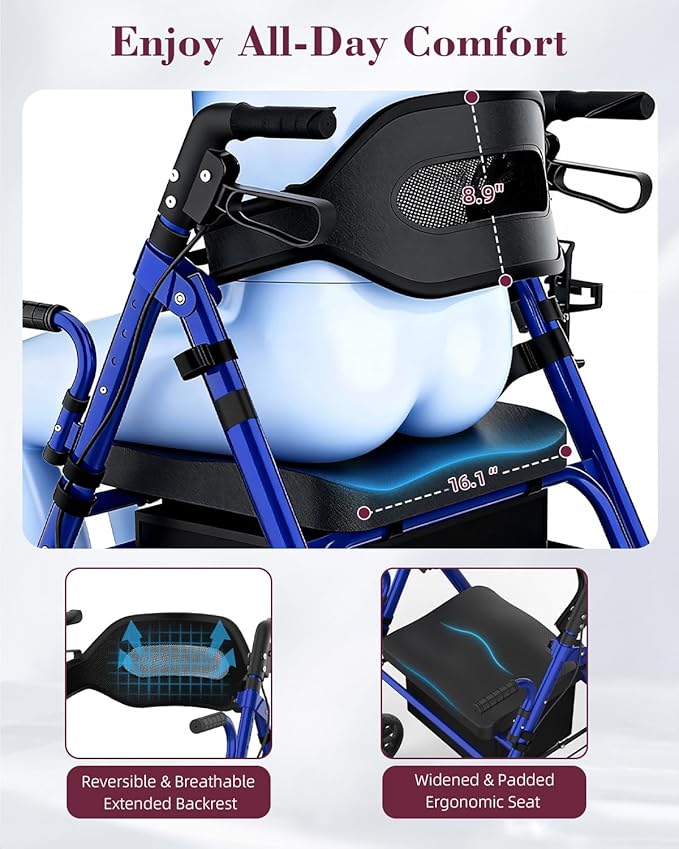 Walkers for Seniors with Seat, 2 in 1 Rollator Walker & Transport Chair with Reversible Backrest & Detachable Footrests, Folding Wheelchair with 8" Anti-Slip PU Wheels, Blue