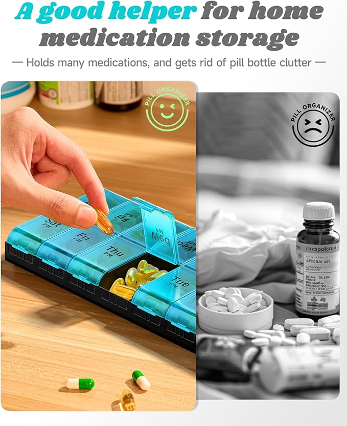 7 Day Extra Large Pill Organizer 2 Times a Day, Weekly Pill Box Twice a Day, XL AM PM Pill Case, Oversized Daily Medicine Organizer for Vitamin, Big Pill Container (Cyan)