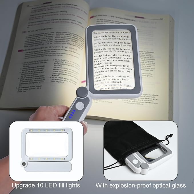 Rechargeable LED Magnifying Glass for Reading Books, Bible & Small Print, 4X Optical-Grade Rectangular Lens with 3 Adjustable Brightness Levels, USB-C Foldable Magnifier Gift for Seniors, Low Vision