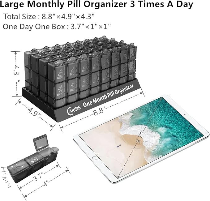 CAidRE Monthly Pill Organizer 3 Times A Day, One Month Pill Box Organizer Morning-Noon-Night, 31 Day Pill Organizer with 32 Daily Compartments for Fish Oil, Vitamins, Supplements and Medications,Black