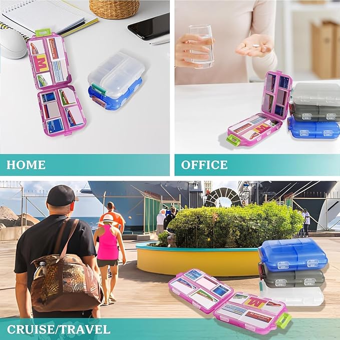 Pill Organizer with Medicine Labels Travel Daily Pill Container Mini Medication Organizer Storage Pill Organizer Travel Essentials Pill Case 7 Day (Grey & 161 Lables)
