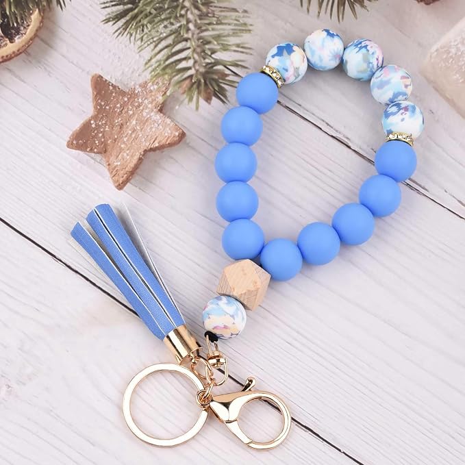 BAOSIWA Silicone Key Ring Bracelet Wristlet Keychain Unique Beaded Bangle Key Chains for Women with Leather Tassel