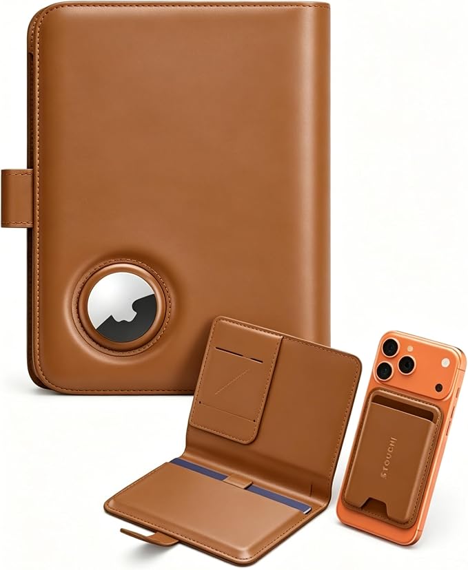 Stouchi AirTag Passport Holder with Pull Strap, RFID Blocking Magnetic Case | Patented 1-sec Pull Strap; Detachable Magnetic Card Wallet; Zero-rattle AirTag Slot; Certified RFID Blocking; Ultra-slim