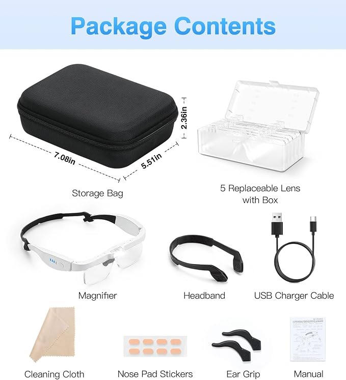 MoKo Magnifying Glasses with Light, 1X-4X Magnifier Headset, White | Hands-free headband magnifier includes 5 detachable lenses, adjustable LEDs and USB-C charging.