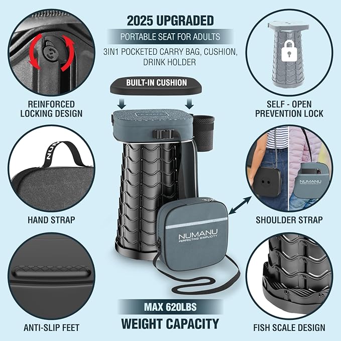 Collapsible Stool for Adults, 3-in-1 Cushion + Bag, 620 lbs, Square | Heavy-Duty Telescoping Stool 2.5-18in, 3-in-1 Square Cushion Bag + Drink Holder; Travel, Sports, Camping, Gardening