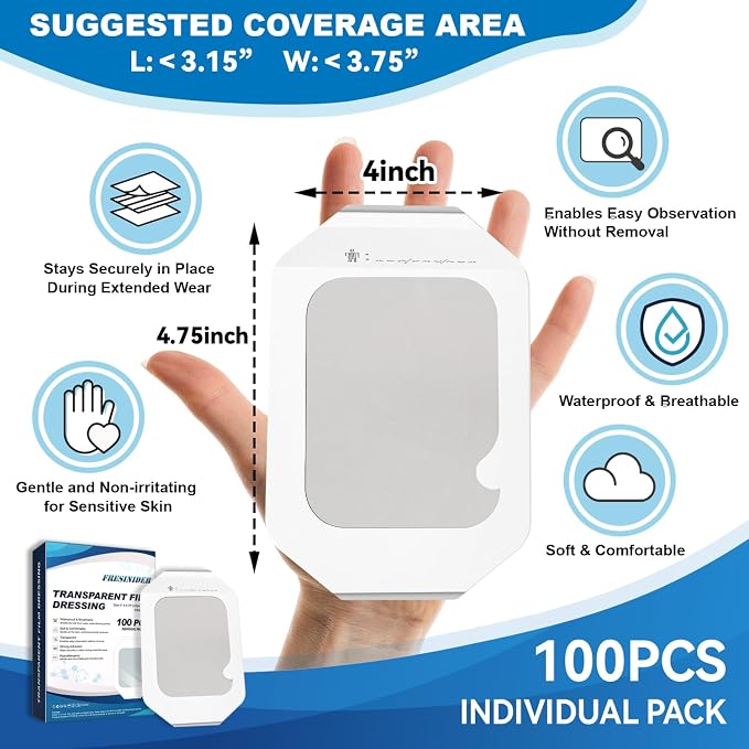 FRESINIDER Transparent Film Dressing 4” x 4.75” (100 Pack) – Waterproof Shower Bandages, Breathable Clear Wound Cover with Border for IV Sites, Post-Surgery Care & Tattoo Aftercare