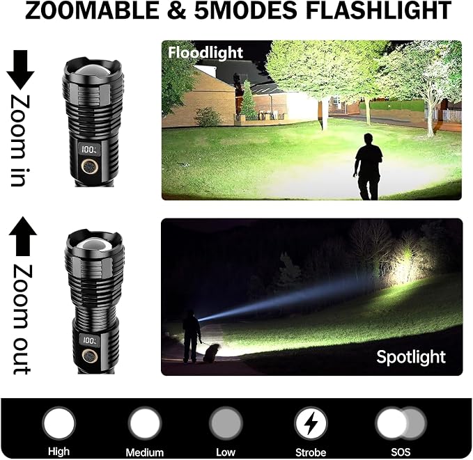Flashlights High Lumens Rechargeable, 100,000LM LED Super Bright Flash Light, Zoomable Linternas with LCD Digital Display, 5 Mode, Waterproof, Powerful Tactical Flashlight for Emergencies Camping Gift