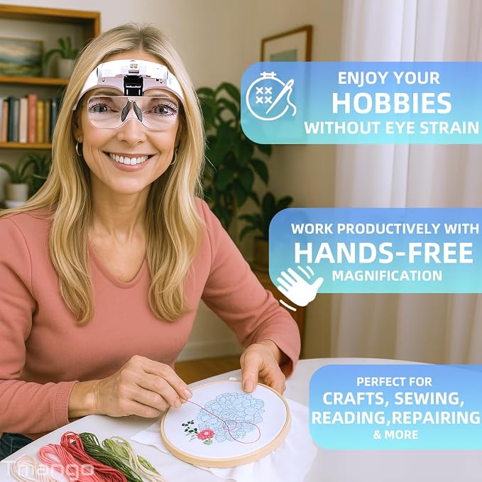 Rechargeable Lighted Headband Magnifier – Hands-Free Magnifying Tool for Jewelry, Eyelash Extensions, Watch Repair, Cross Stitch and Crafts