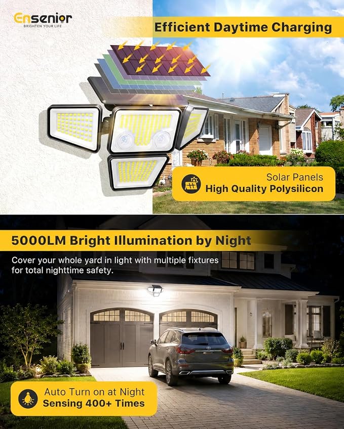 Motion Sensor Outdoor Solar Lights, Security Flood Lights 4-Head, 3 Pack | 5000LM, IP65 Waterproof, 279 LEDs, Dual Sensors, 270°Wide-Angle, 4 Modes, Remote Control, Yard, Garage, Fence, Patio
