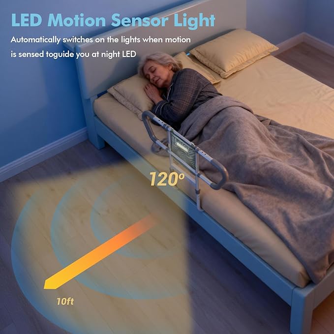 Bed Rail for Elderly Adults Safety – Bed Rails for Seniors Safety, Adjustable Bedside Assist Rail with Storage Pocket, Non-Slip Handle, Motion Sensor Night Light, Heavy-Duty 400LB Support