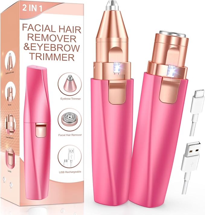 Eyebrow Trimmer Facial Hair Removal for Women: 2 in 1 Rechargeable Facial Hair Remover & Eyebrow Razor, Electric Painless Face Shaver for Women with LED Light for Eye brow, Lips & Face