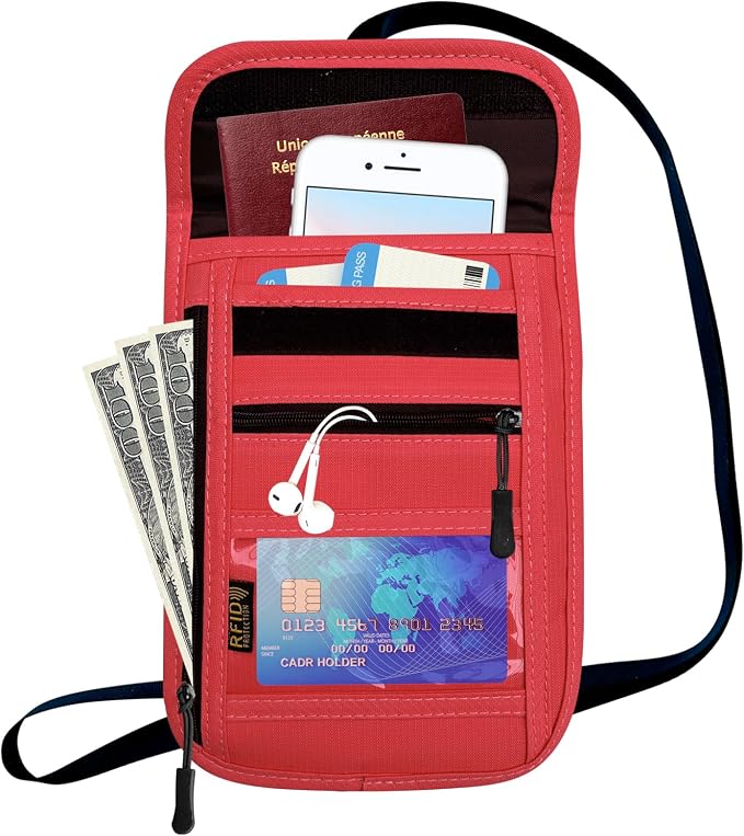 RFID Blocking Travel Neck Wallet Pouch and Passport Holder, Travel Neck Pouch Passport Holder for Women & Men - Red