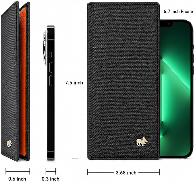 BISON DENIM Long Wallet for Men, RFID Leather Bifold, 12 Card Slots, Orange | mens long bifold wallet checkbook billfold credit card holder id window zipper coin pocket slim cowhide purse organizer