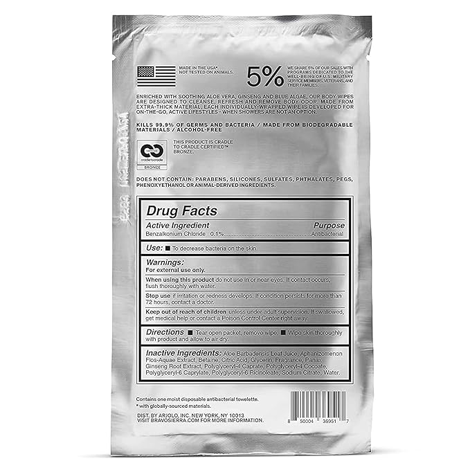 Bravo Sierra Body Wipes - 10 Individually Wrapped Extra Thick Biodegradable Shower Wipes With Benzalkonium Chloride & Aloe Vera for Adults, Men and Women - No Rinse Bathing Camping & Travel