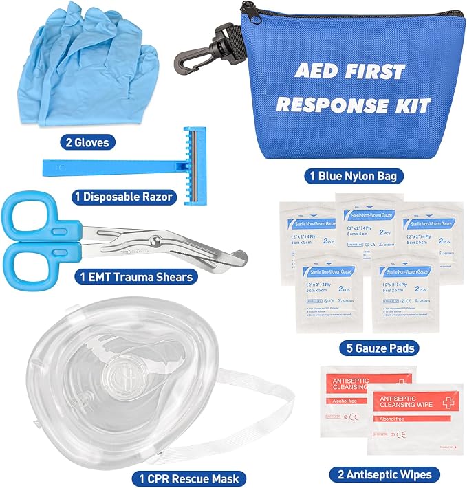 AED First Responder Kit with CPR Rescue Mask, Disposable Razor, EMT Trauma Shears, Gloves, Gauze Pads, Antiseptic Wipes for AED Training, CPR AED First Aid Accessory Kit with Blue Nylon Bag