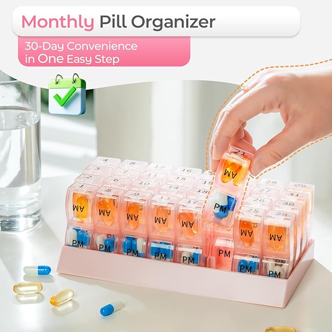 Monthly Pill Organizer 2 Times a Day, one Month Pill Box AM PM, 30 Day Pill Case Small Compartments to Hold Vitamin and Travel Medicine Organizer, 31 Day Pill Organizer, 4 Week Pill Cases（Pink）
