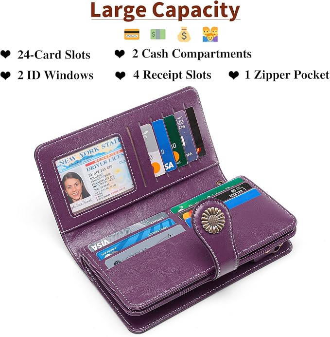 SENDEFN Wallets for Women Leather Credit Card Holder with RFID Blocking Large Capacity Wristlet | with RFID Blocking