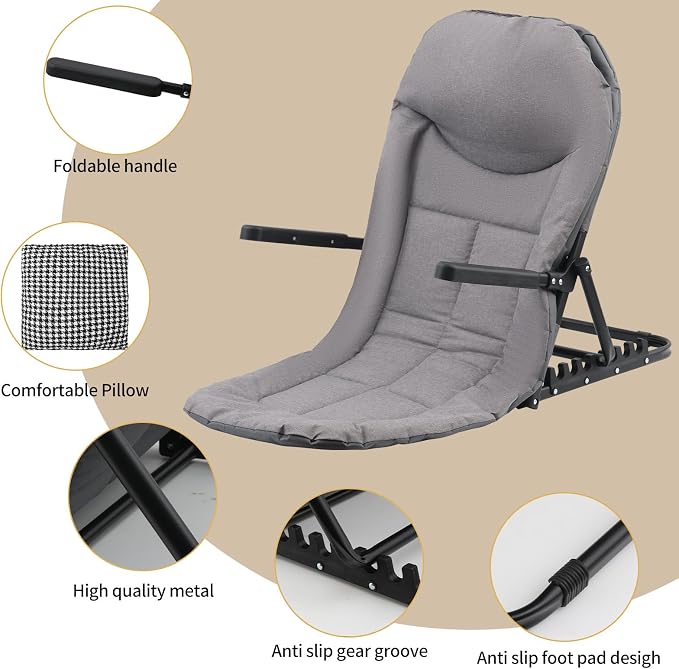Adjustable Lifting Bed Backrest with Armrests, 7-Level Folding Sit Up Support, Portable Multifunctional Bed Chair with Pillow for Neck Head & Lumbar Support for Elderly Patients Reading Resting