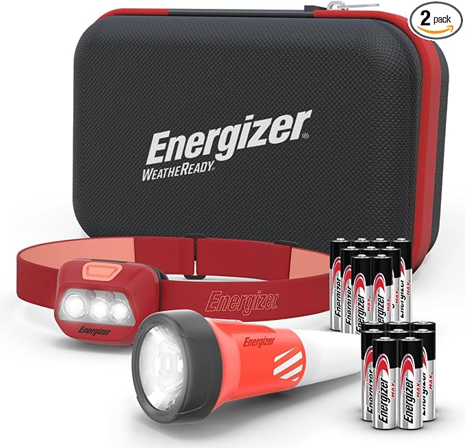 Energizer WeatheReady Power Outage Kit with 2-in-1 LED Flashlight Lantern, LED Headlamp, IPX4 Water-Resistant, Backup AA + AAA Batteries, Storage Case, Hurricane Preparedness Items