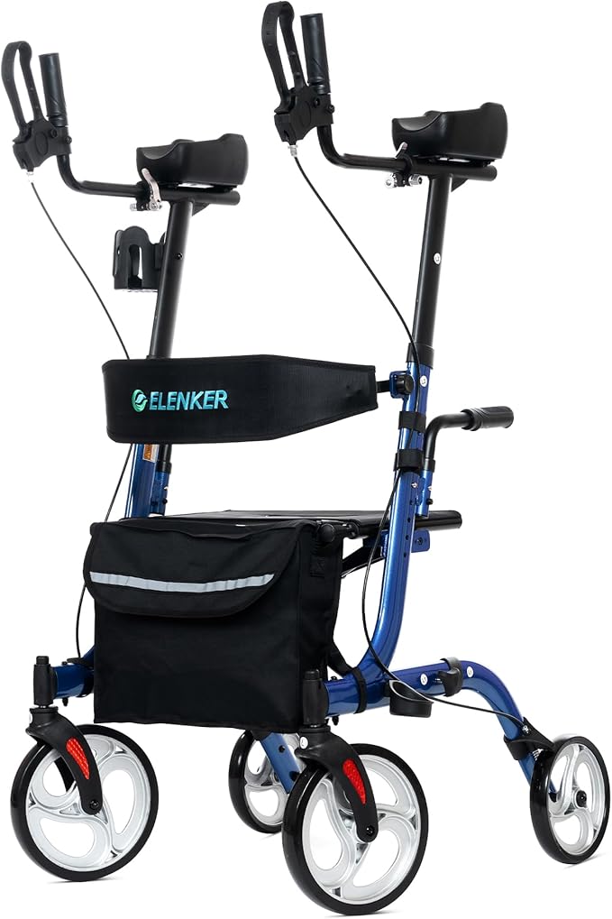 ELENKER Upright Walker, Stand Up Folding Rollator Walker Back Erect Rolling Mobility Walking Aid with Seat, Padded Armrests for Seniors and Adults, Blue