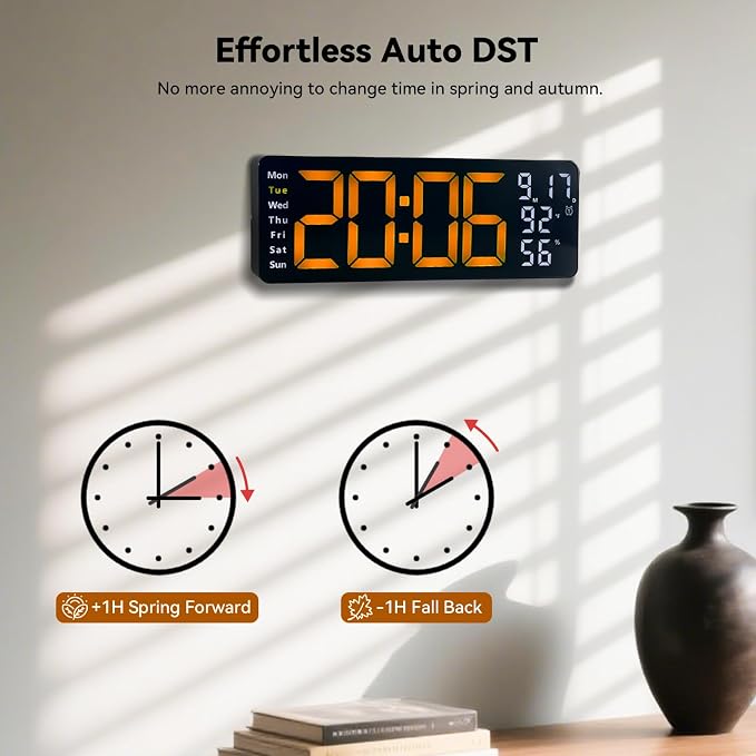 Digital Wall Clock Large Display, 17.3" Digital Clock with RGB Color Remote Control, Auto-Dimming Big Wall Clock with Night Light,Auto DST,Date Week,Temp for Home Decoration, for Elderly (Orange)