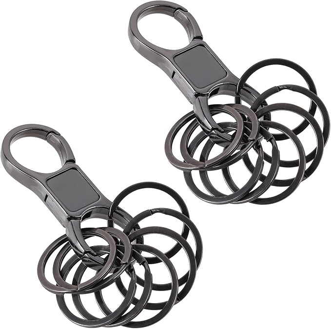 Styquenzer 2 Pcs Heavy Duty Key Chain with 8 Pcs Stainless Key Rings, Detachable, Organizer for Multiple Keys, Black, Unisex Adult