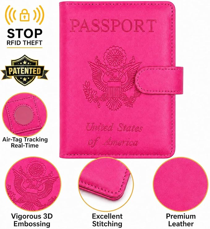 Passport Holder with Air-Tag Slot RFID Blocking Leather Travel Wallet | Multiple Card Compartments, SIM Card Access, Compact Carry Design, Flight Ready Essentials for Men & Women, Fuchsia
