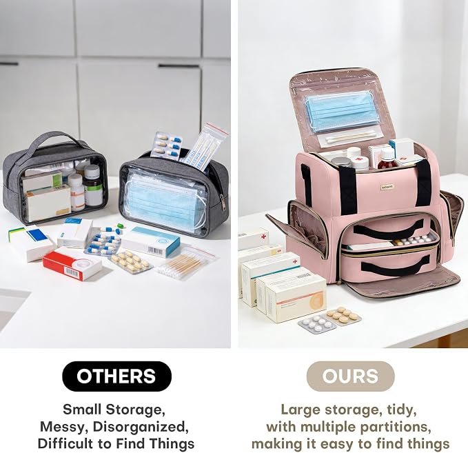 BAFAMYE Large Medicine Storage Bag with 2 Removable Cases, Medicine Storage Bag with Multiple Storage Sections,with Shoulder Strap,Suitable for Travel or Home,Pink