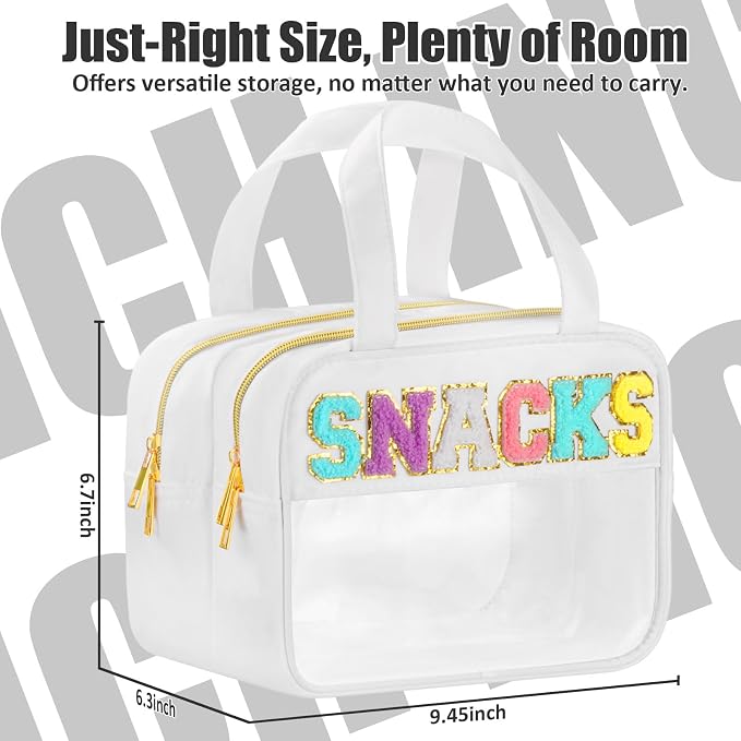 BuyCard Chenille Letter Clear Makeup Bags for Travel, Preppy Patch Nylon Cosmetic Pouch with Handles and Zipper, Waterproof Large Clear Toiletry Purse Storage for Women, White