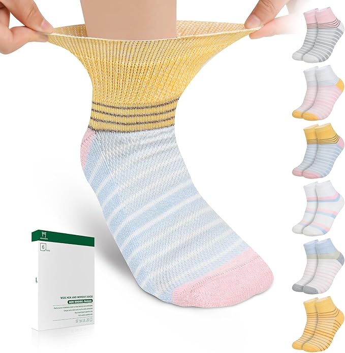 Bulinlulu Bamboo Viscose Diabetic Socks, 6 Pairs Non Binding Ankle Socks, Reinforced Toe, Size 6-9/9-11/13-15