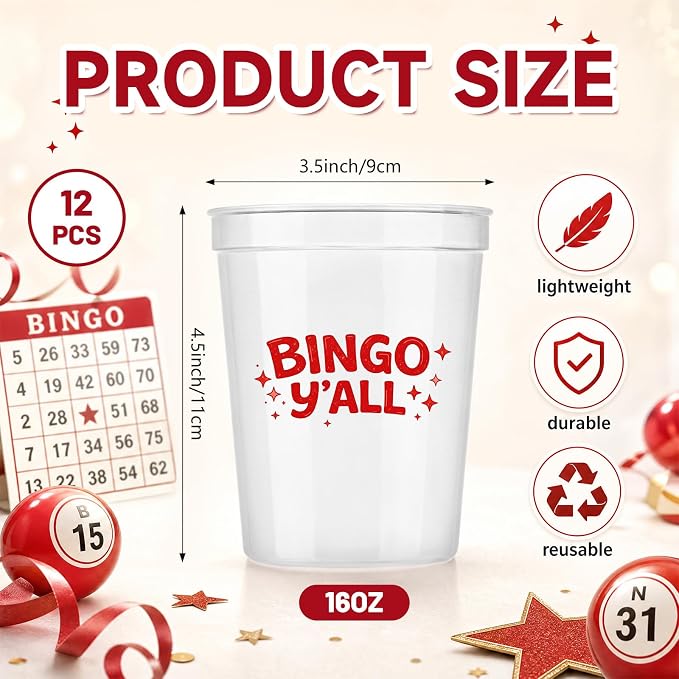 Yungyan 12 Pcs 16 oz Bingo Cups with Multicolor Funny Phrases, Frosted Reusable Plastic Party Supplies, Bingo Game Night Prizes Gifts for Family Christmas Birthday Celebration Accessories