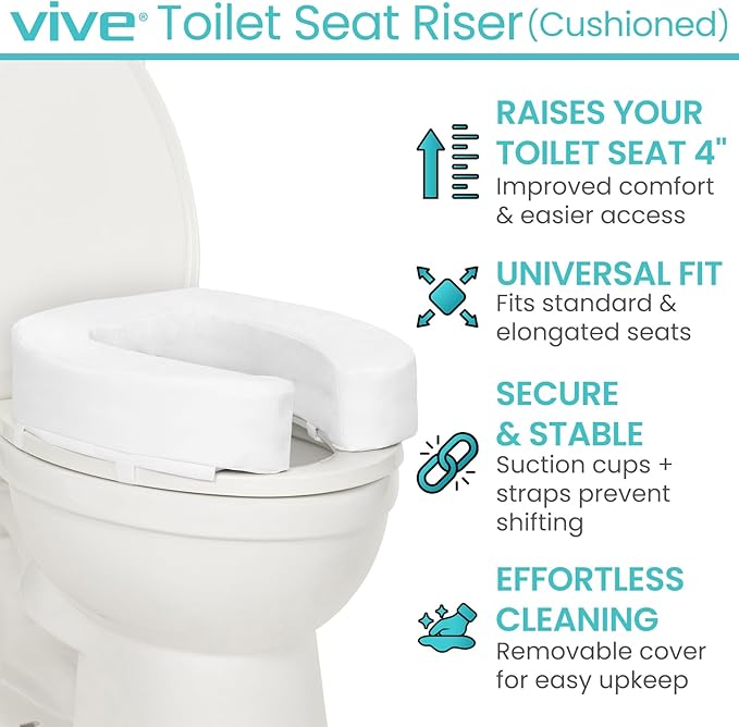 Vive Toilet Seat Riser Cushion for Seniors - Fits All Toilet Seats | Raised Toilet Seat with High-Density Foam for Elongated & Standard - Cushioned & Padded - Elevated Medical Handicap Lifter