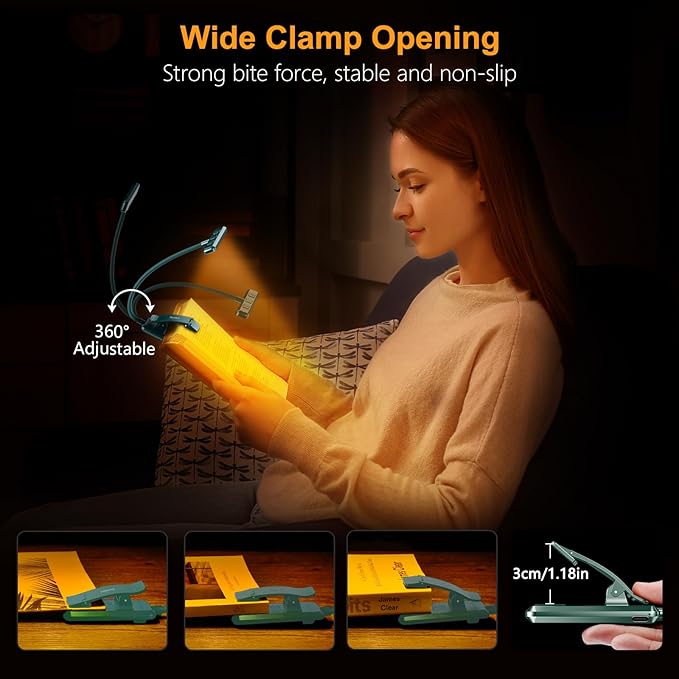 Gritin 19 LED Rechargeable Book Light for Reading in Bed with Memory Function- Eye Caring 3 Color Temperatures,Stepless Dimming Brightness,80 Hrs Runtime Clip on Light for Book Lovers-Blackish Green