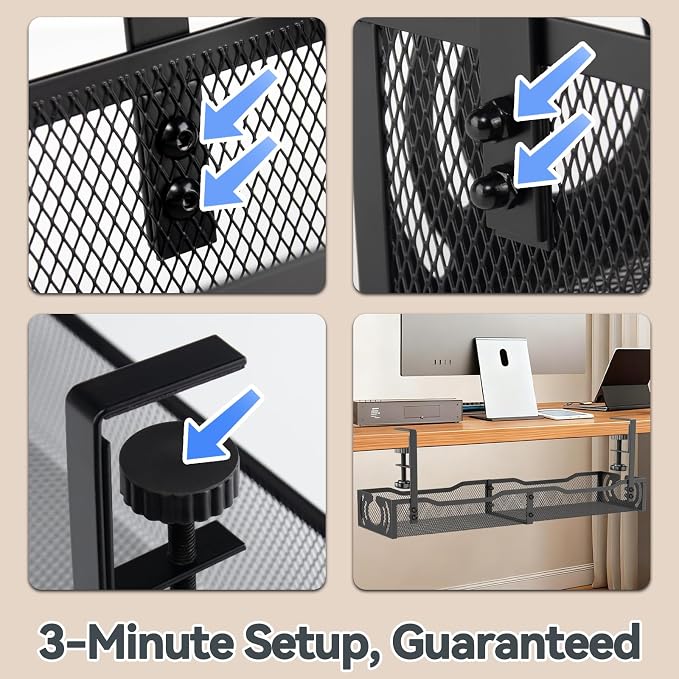 Cable Management, 25.3'' Under Desk Cable Management Tray No Drill, Metal Cable Organizer with Clamp for Wire Management, Cord Organizer for Home Office, Desk Accessories Organizer, Black