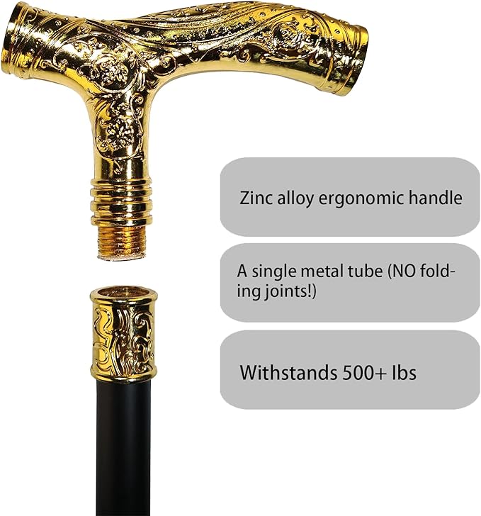 Walking Cane for Men & Women - 36.5 inch Heavy Duty 500+ lbs Capacity, Ergonomic Handle, Decorative & Ornate Fancy Design, Gothic & Goth Elegant Matte Black & Gold Artistry, Metal Cane