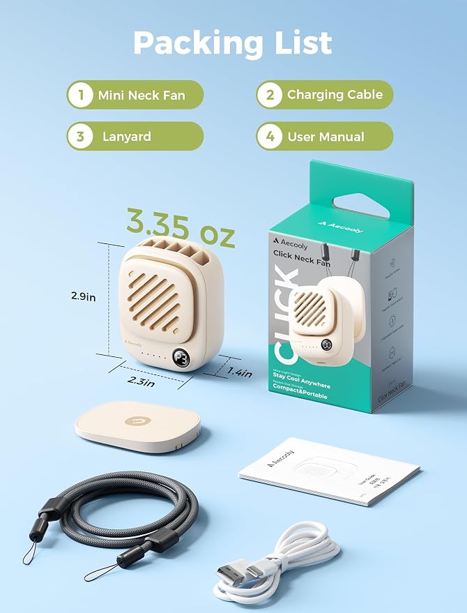 Aecooly Magnetic Neck Fan, Snap On & Go, Mini Portable Hands Free Wearable | USB Rechargeable [10H Max Cooling Time], Personal Battery Powered Fan, Pocket for Travel, Summer, Gifts for Women -Beige