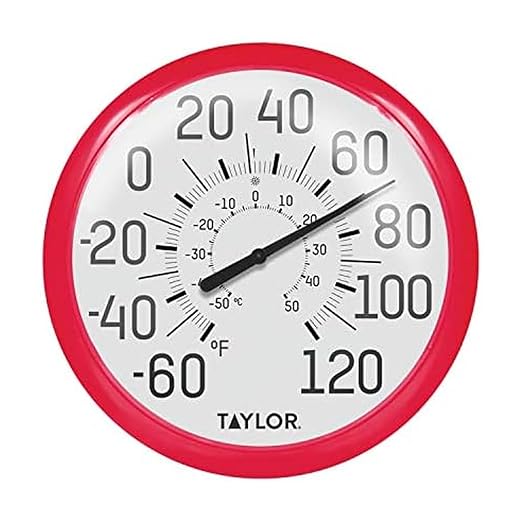 Taylor Big and Bold Wall Dial Thermometer, Indoor Outdoor Thermometer, Wireless Thermometer with Easy to Read Numbers for Patio, Pool, Garage and Indoor Areas, 13.25-inch, Red