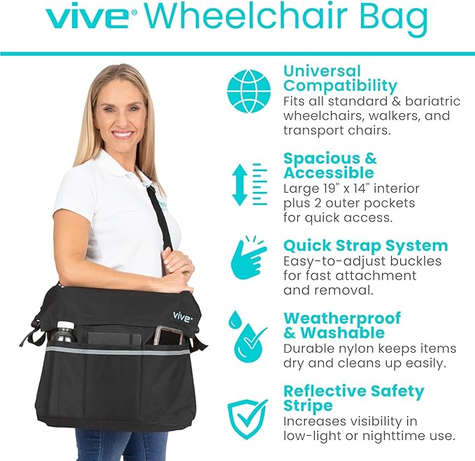 Vive XL Wheelchair Accessories Bag - Waterproof, Scratch-Resistant, Double-Stitched, Machine Washable for Adults, Seniors, 15 Colors - Storage Walker Backpack to Hang on Back